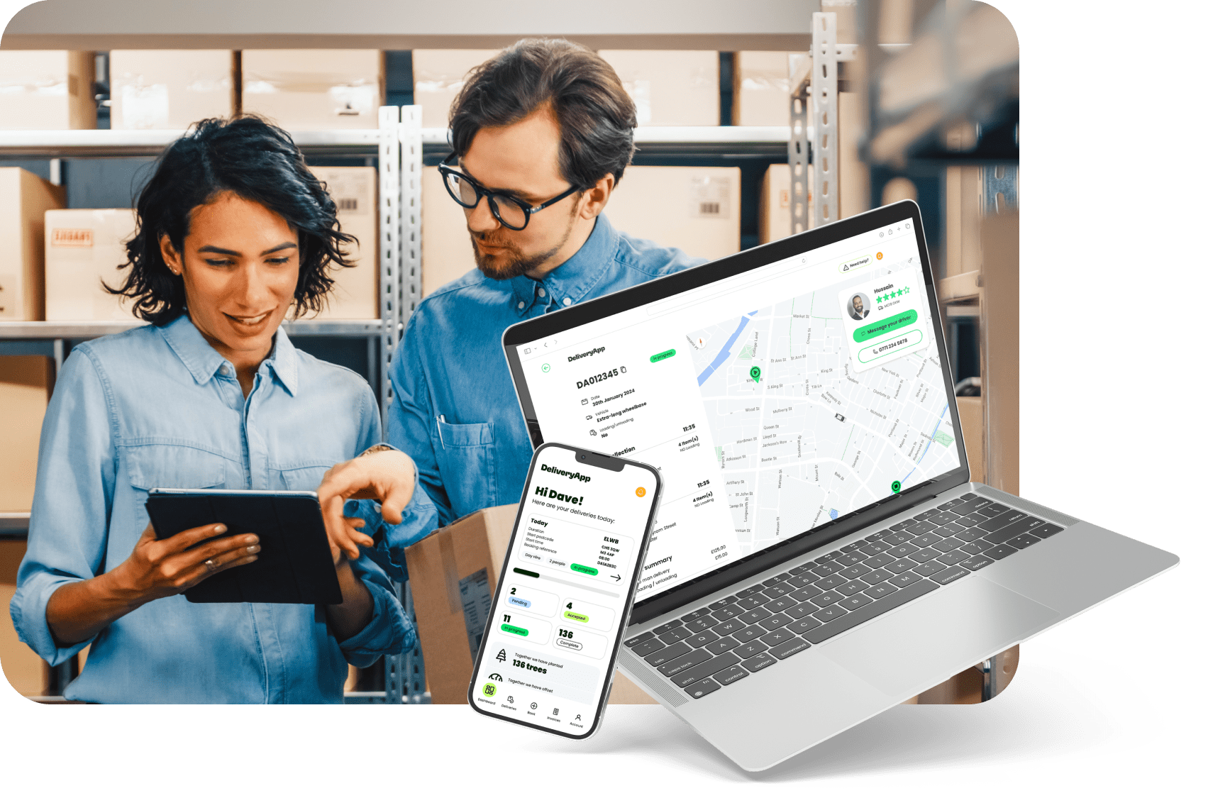 Day-hire deliveries - two people in a warehouse tracking a day-hire delivery