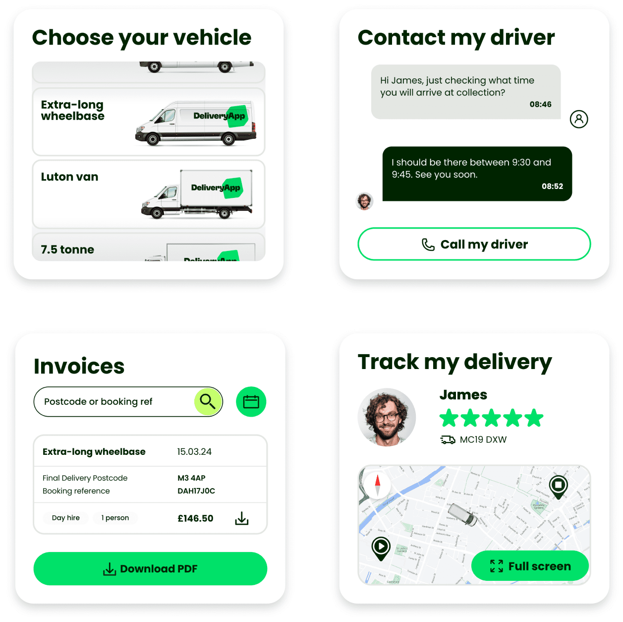 User-friendly platform features - choose vehicle, contact driver, invoice, track delivery